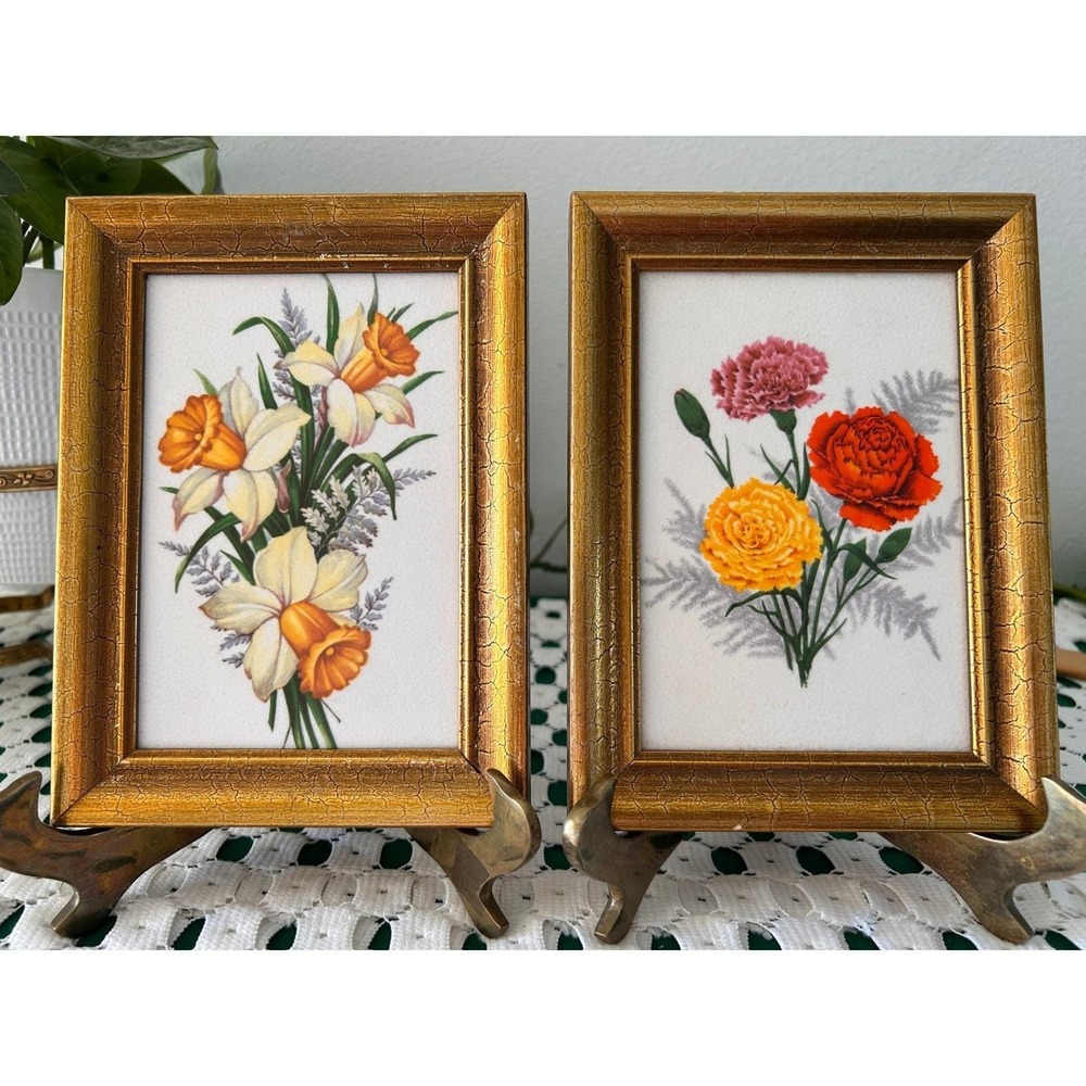 Pair of Vintage Floral Ceramic Tile Art Gold Frames Botanical‎ Wall Decor
